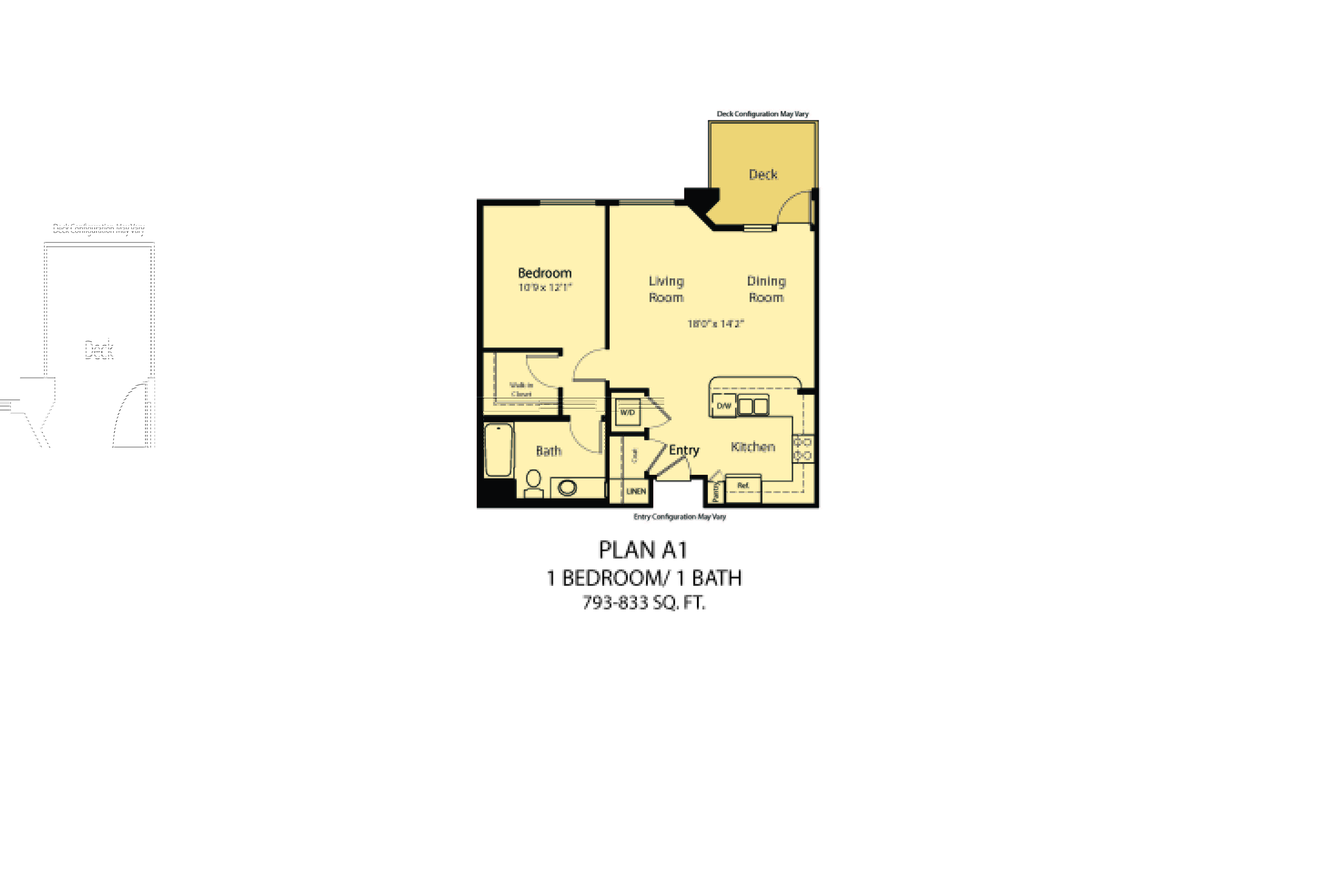 Floor plan for 1 bed, 1 bath, 793 sqft
