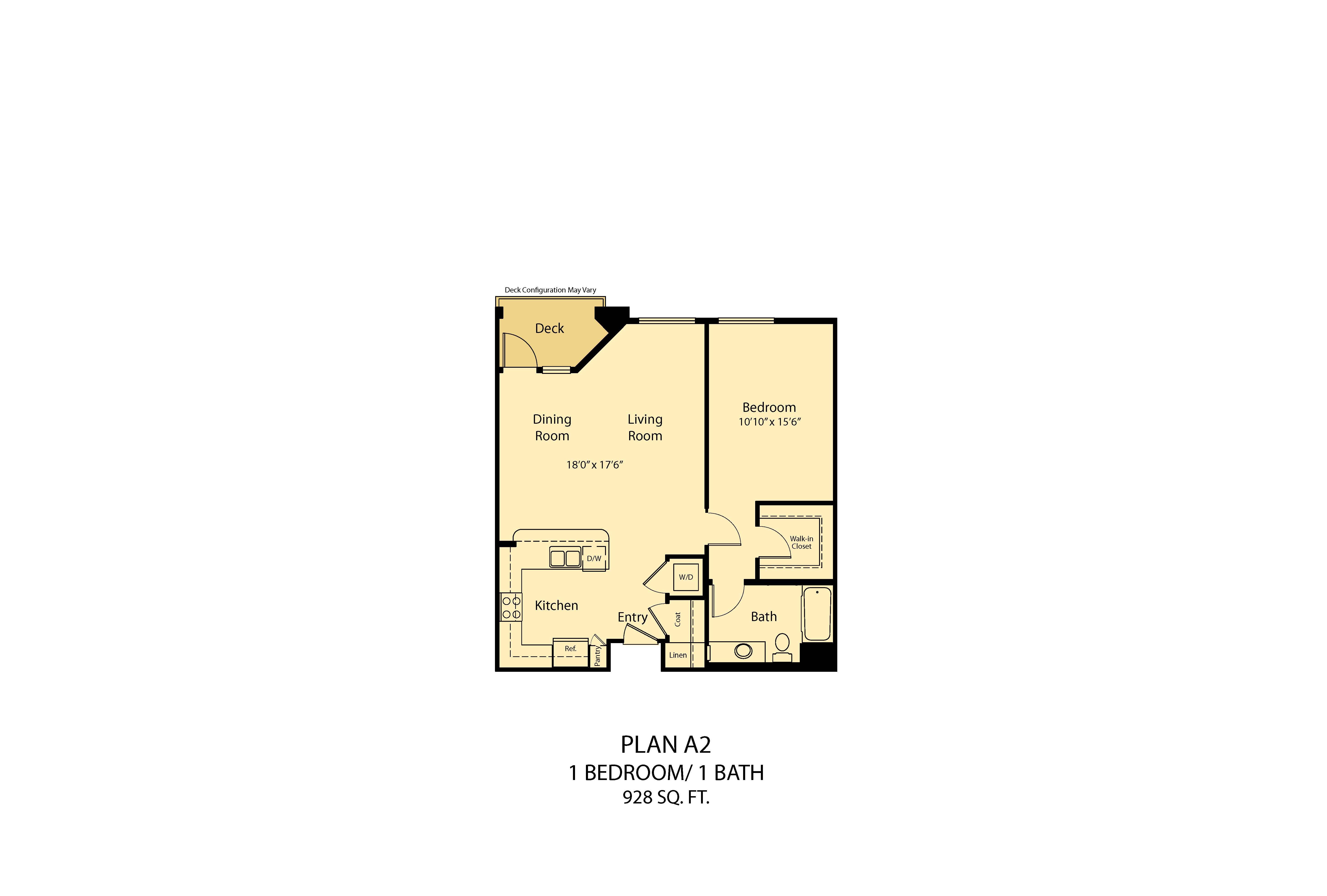 Floor plan for 1 bed, 1 bath, 928 sqft