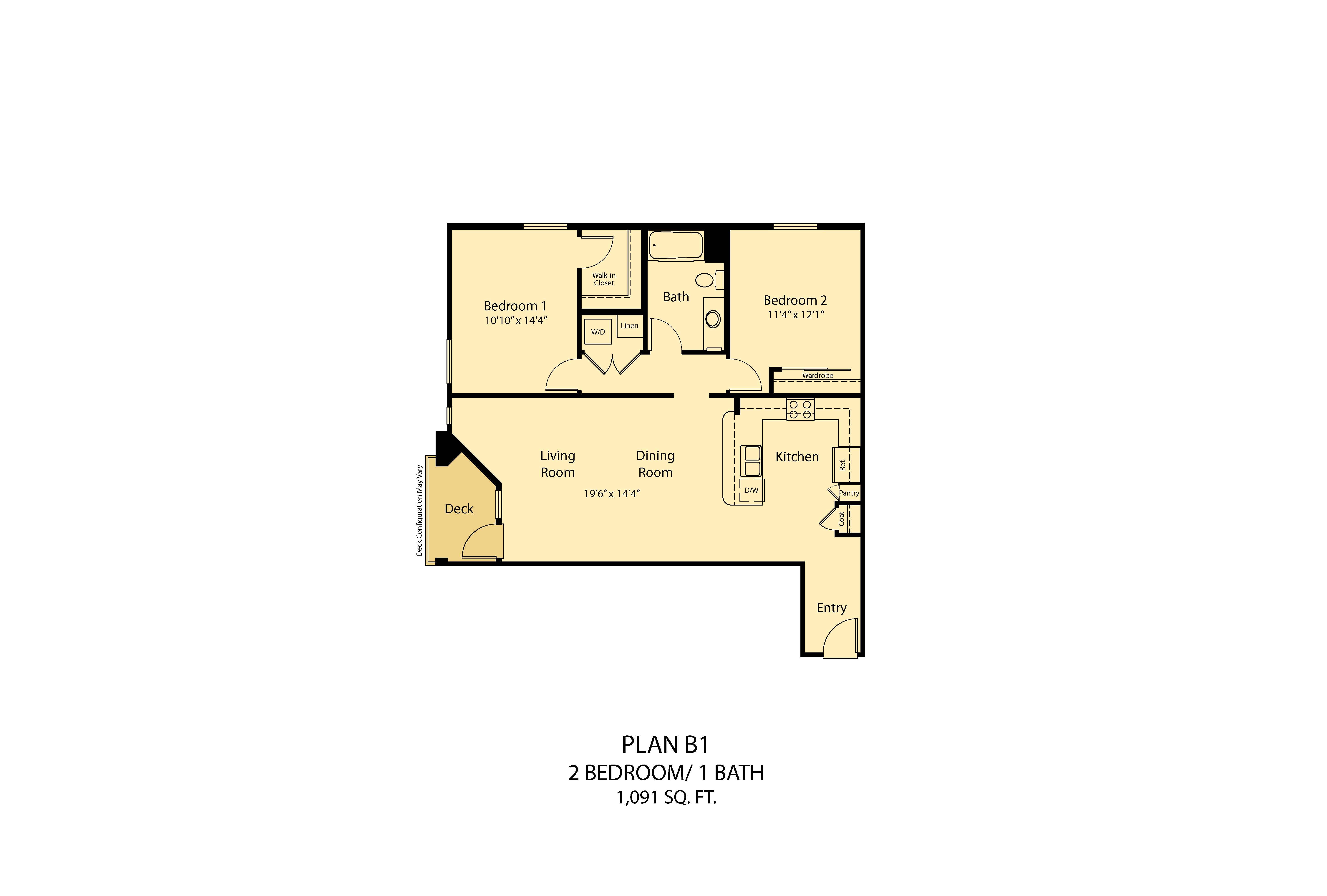 Floor plan for 2 beds, 2 baths, 1091 sqft
