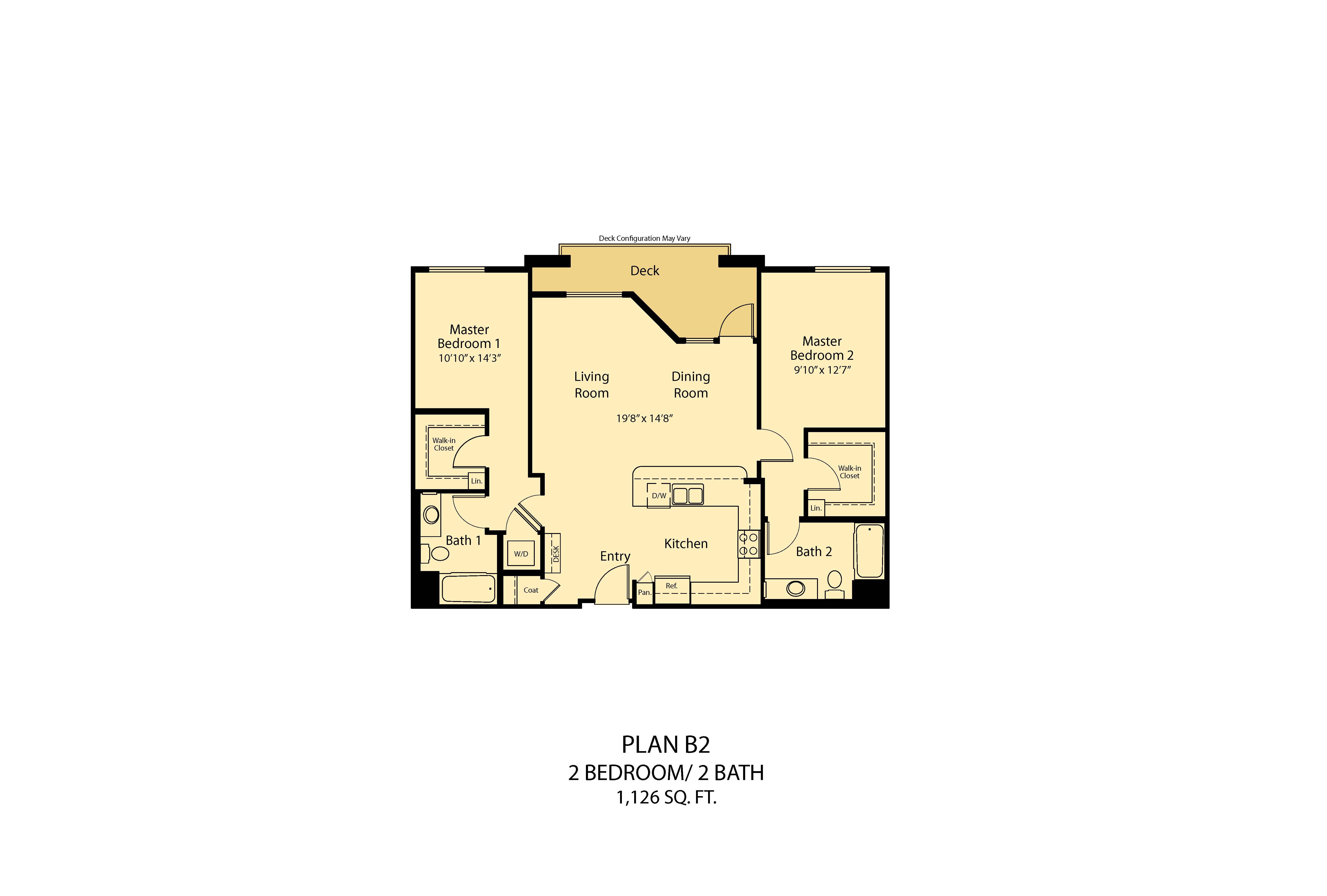 Floor plan for 2 beds, 2 baths, 1126 sqft