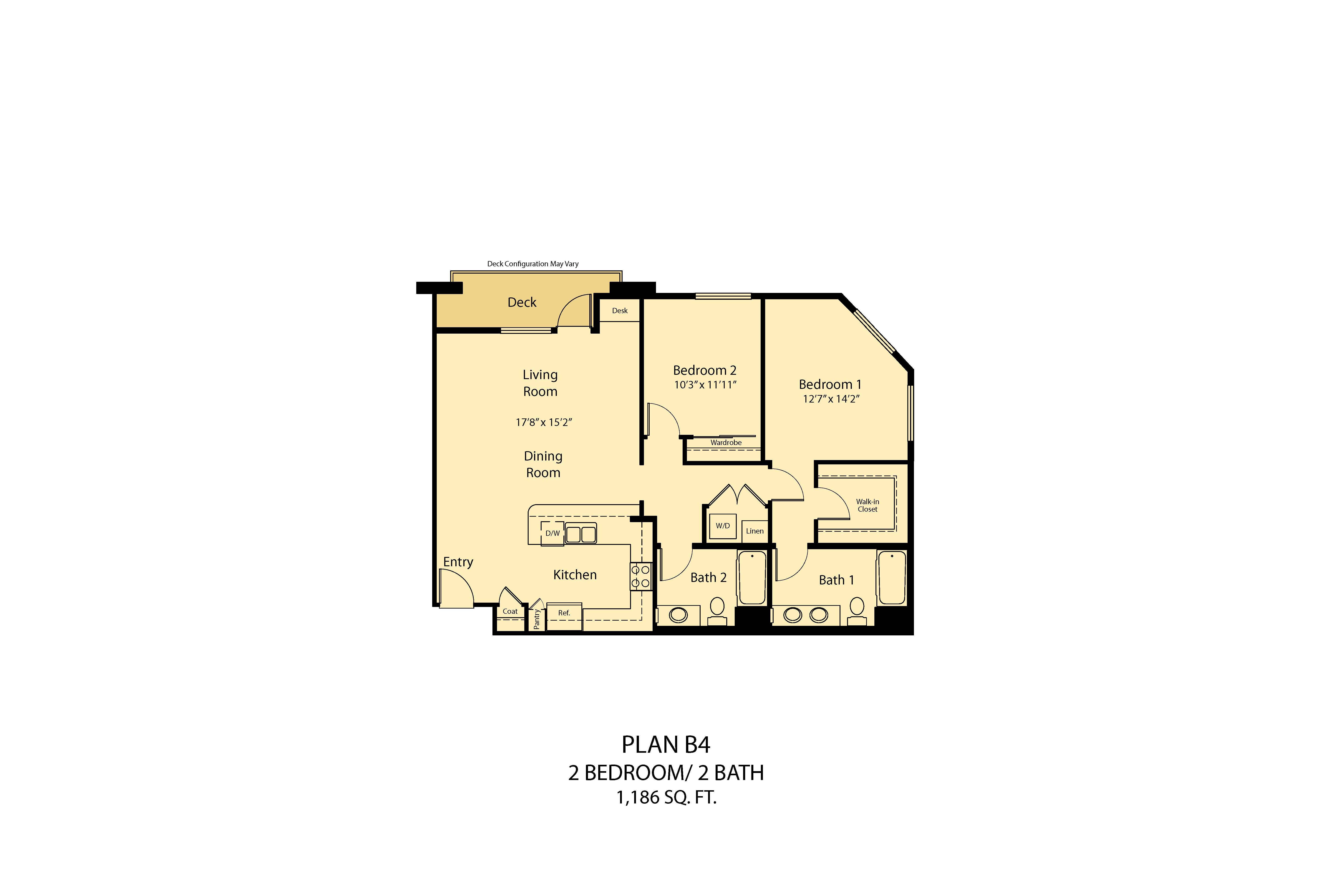 Floor plan for 2 beds, 2 baths, 1186 sqft