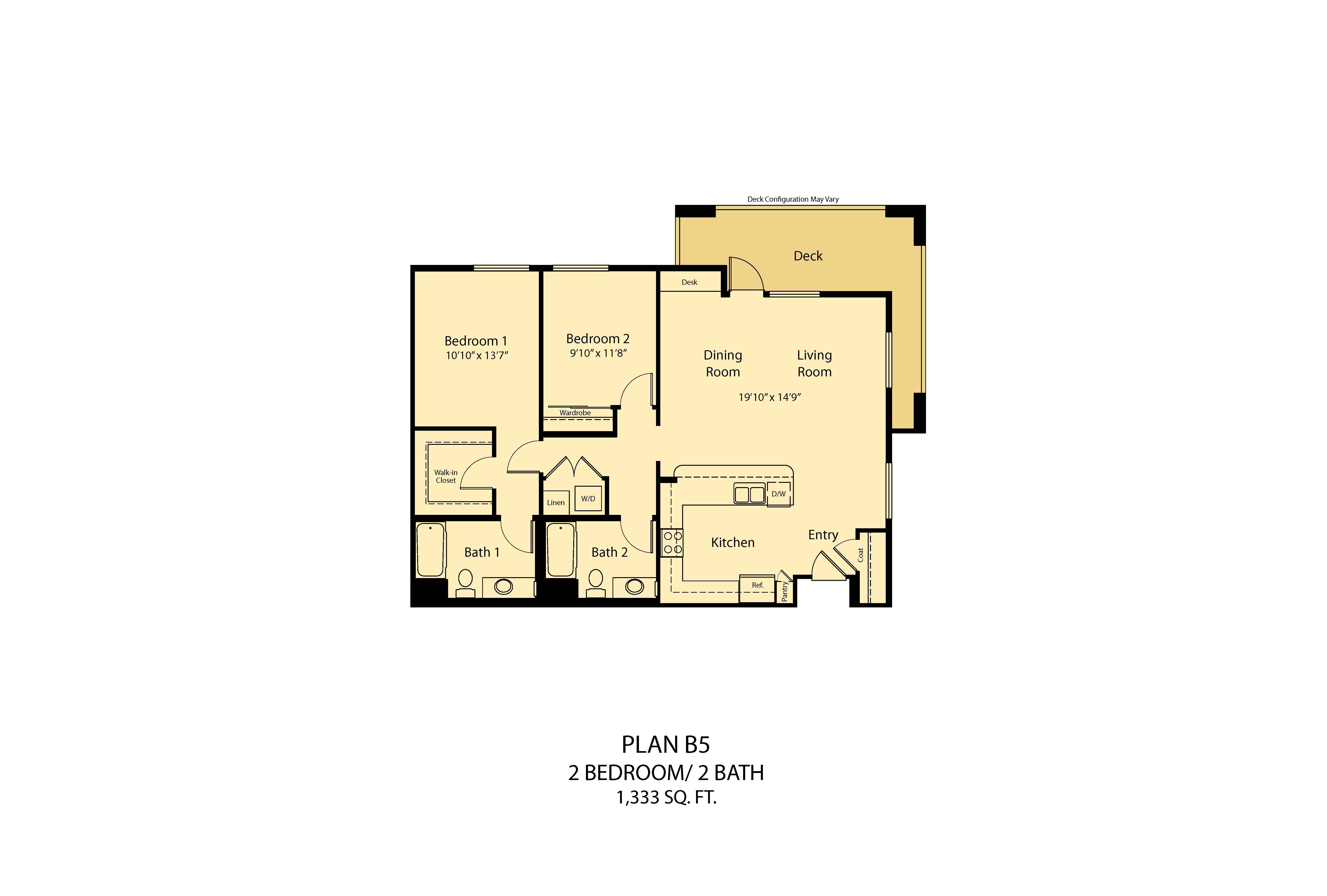 Floor plan for 2 beds, 2 baths, 1333 sqft
