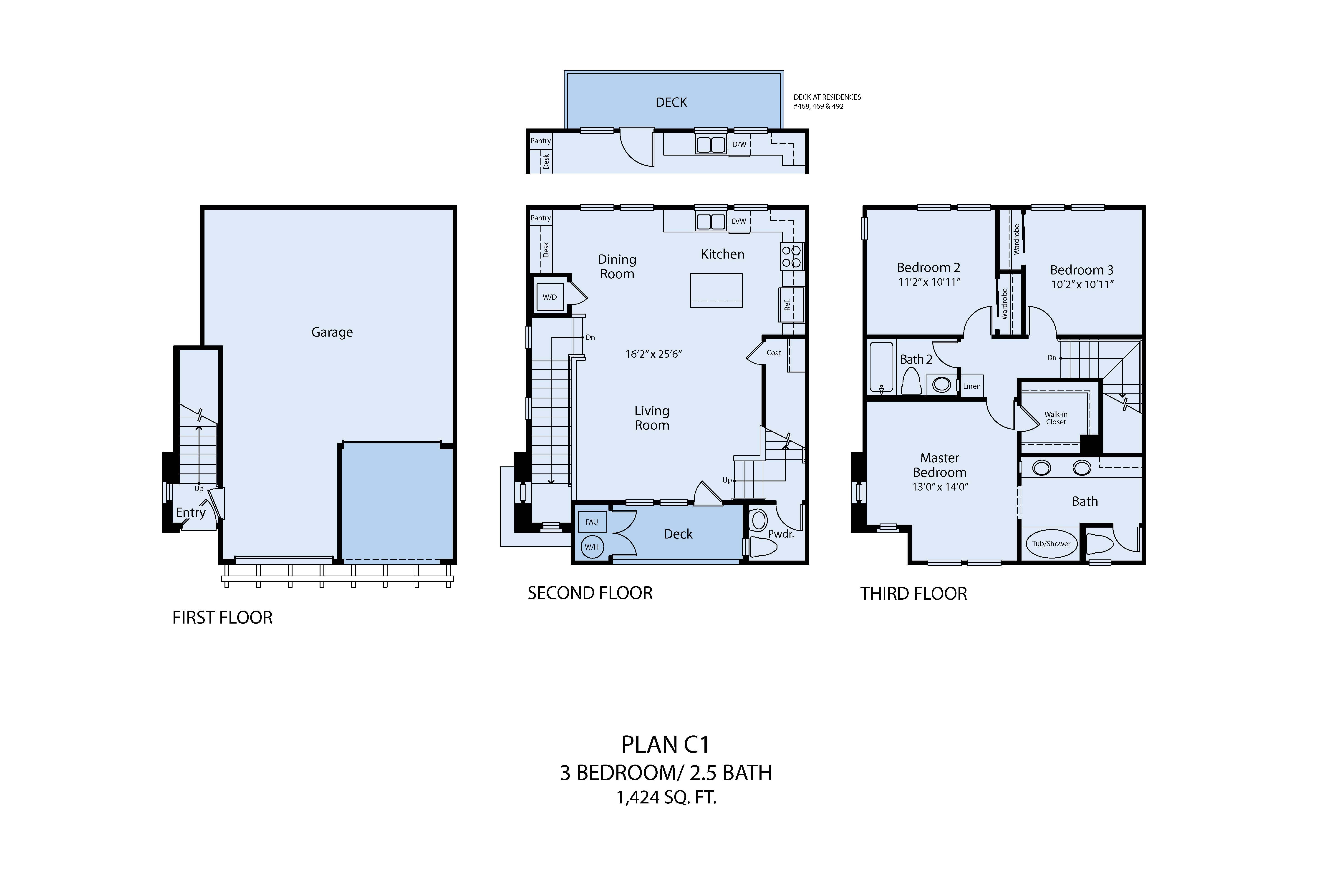 Floor plan for 3 beds, 2 baths, 1424 sqft