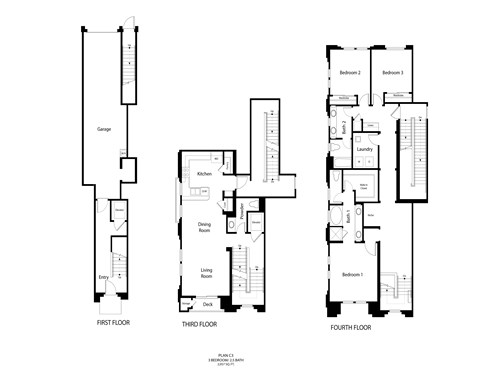 Floor plan for 3 beds, 2 baths, 2057 sqft