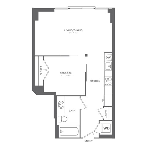 Floor plan for 1 bed, 1 bath, 564 sqft