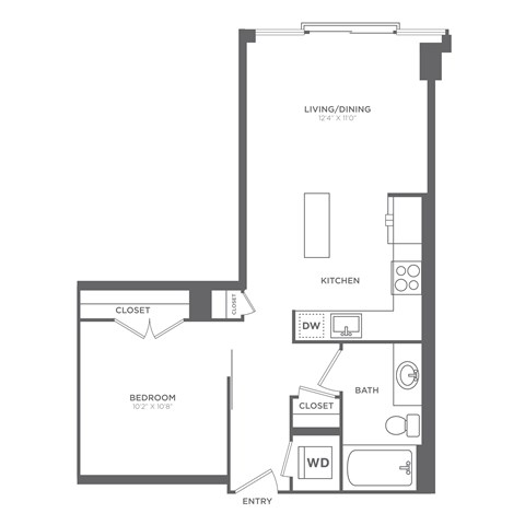 Floor plan for 1 bed, 1 bath, 574 sqft