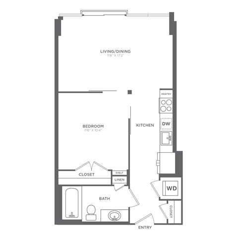 Floor plan for 1 bed, 1 bath, 583 sqft