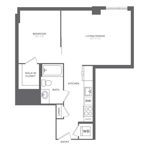Floor plan for 1 bed, 1 bath, 617 sqft