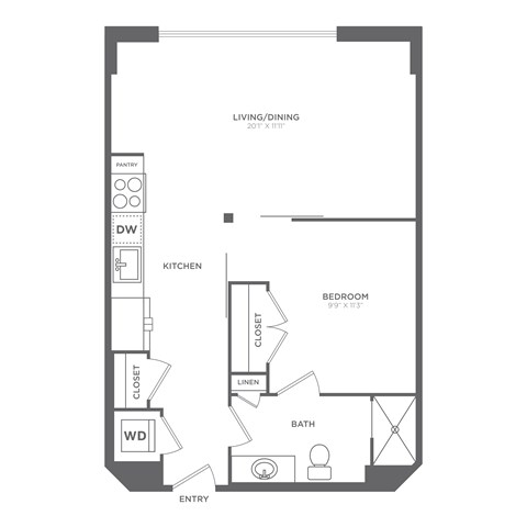Floor plan for 1 bed, 1 bath, 624 sqft
