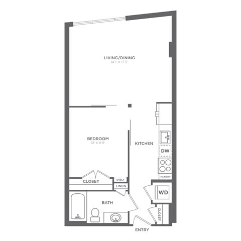 Floor plan for 1 bed, 1 bath, 638 sqft