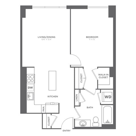 Floor plan for 1 bed, 1 bath, 765 sqft