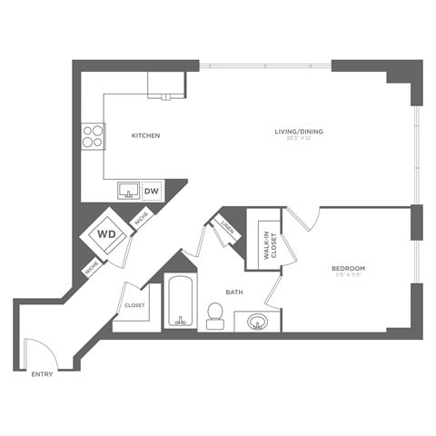 Floor plan for 1 bed, 1 bath, 767 sqft