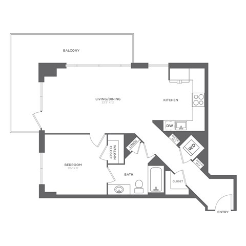 Floor plan for 1 bed, 1 bath, 767 sqft
