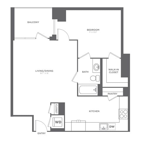 Floor plan for 1 bed, 1 bath, 805 sqft