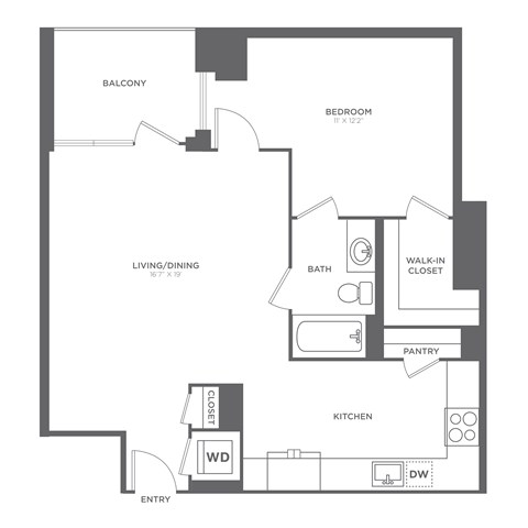 Floor plan for 1 bed, 1 bath, 750 sqft