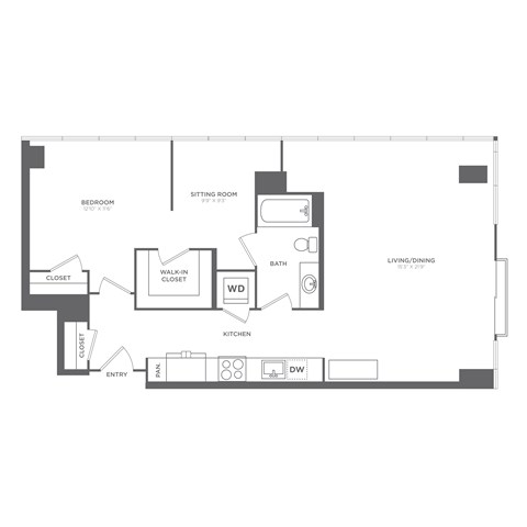 Floor plan for 1 bed, 1 bath, 805 sqft