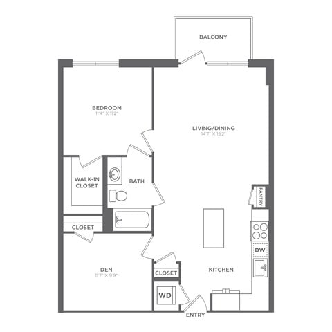 Floor plan for 1 bed, 1 bath, 854 sqft