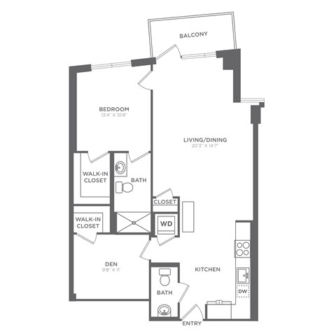 Floor plan for 1 bed, 1.5 baths, 966 sqft