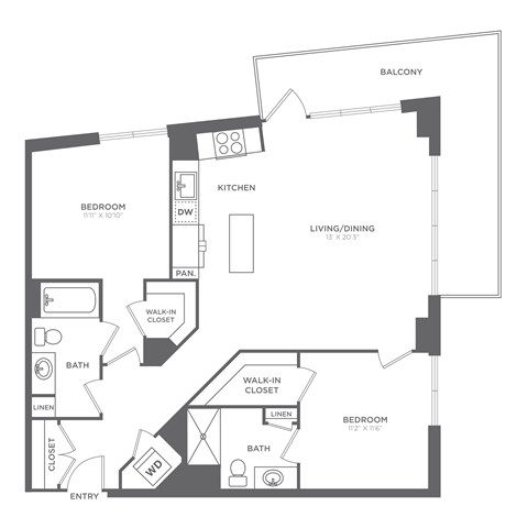 Floor plan for 2 beds, 2 baths, 1078 sqft
