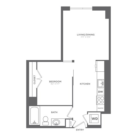 Floor plan for 1 bed, 1 bath, 554 sqft