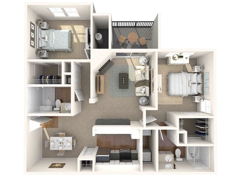 Floor plan for 2 beds, 2 baths, 1020 sqft