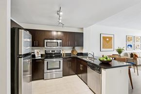 Arlington apartment for rent - A modern kitchen with dark wood cabinets and stainless steel appliances.