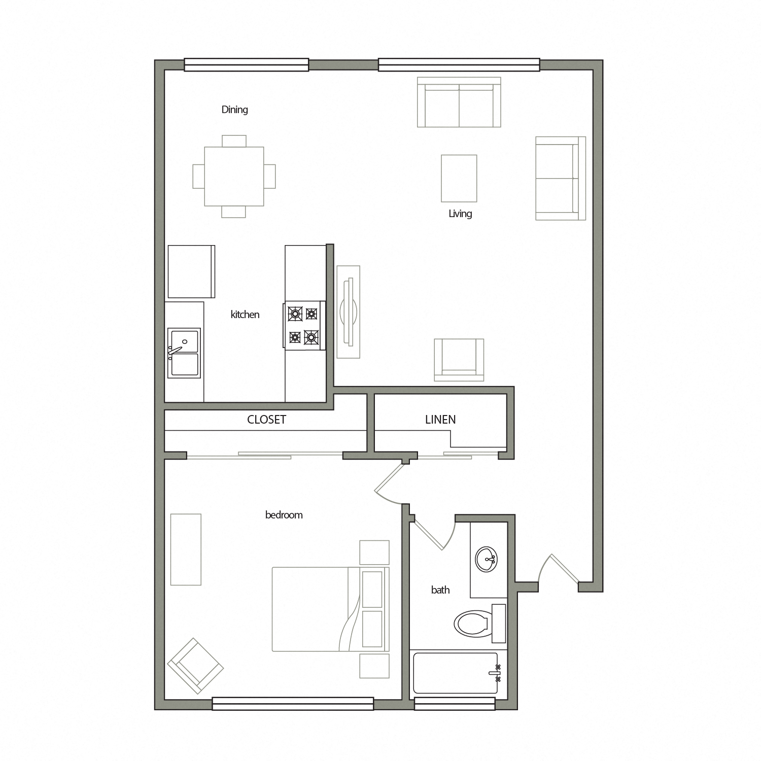 Floor plan for 1 bed, 1 bath, 675 sqft