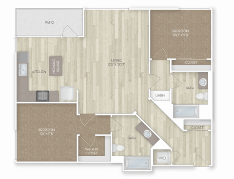 Floor plan for 2 beds, 2 baths, 1182 sqft