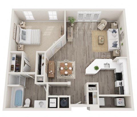 Floor plan for 1 bed, 1 bath, 945 sqft