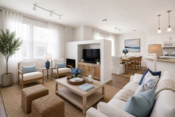 Wildomar apartment for rent - A living room with a white couch and a wooden coffee table.