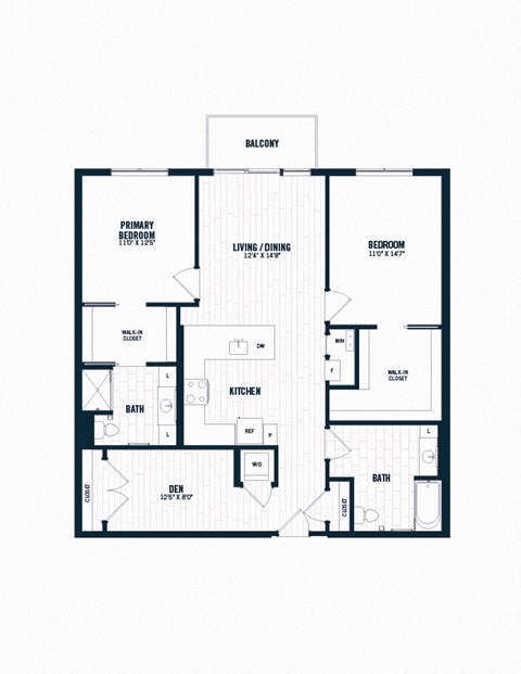 Floor plan for 2 beds, 2 baths, 1296 sqft
