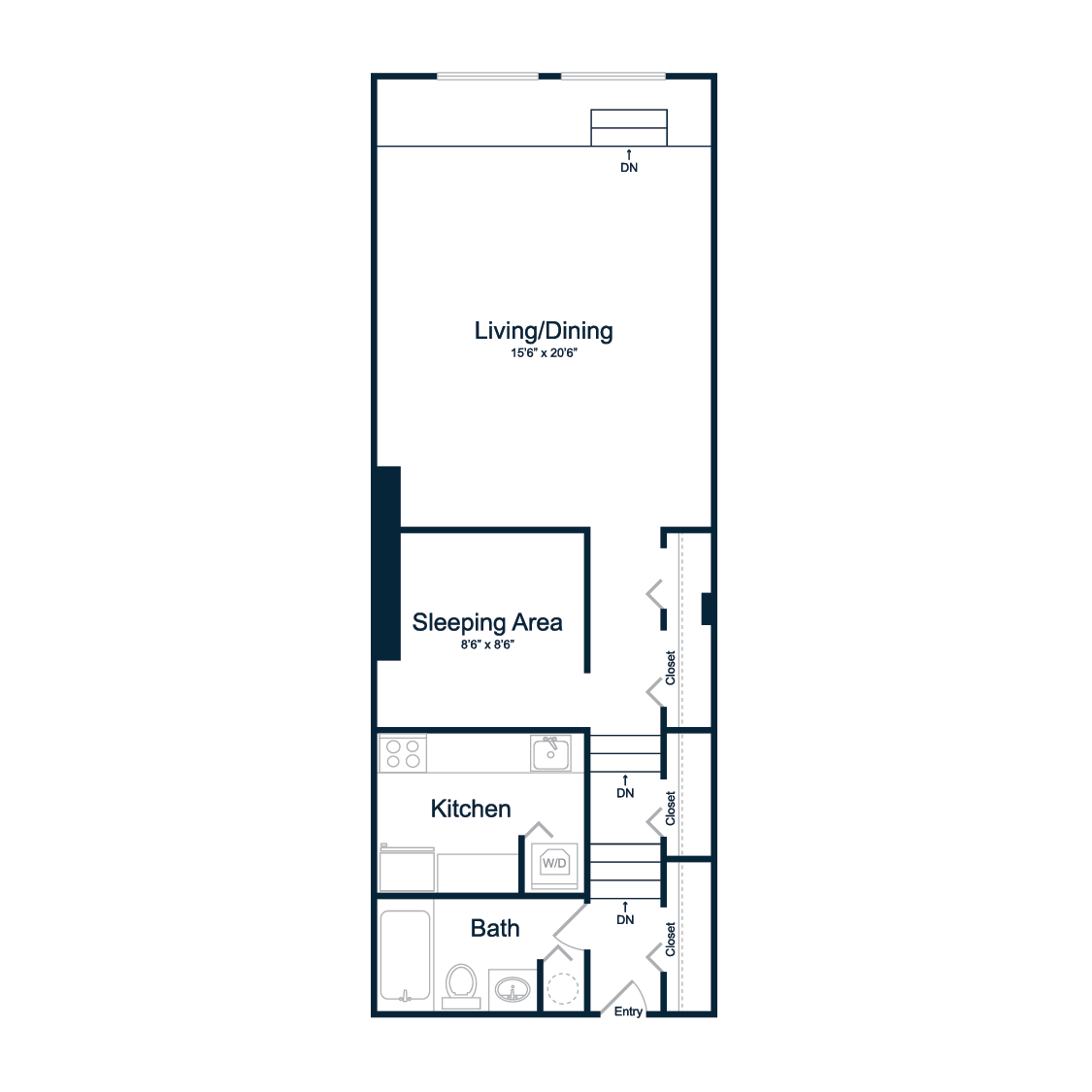 Floor plan for 1 bed, 1 bath, 696 sqft