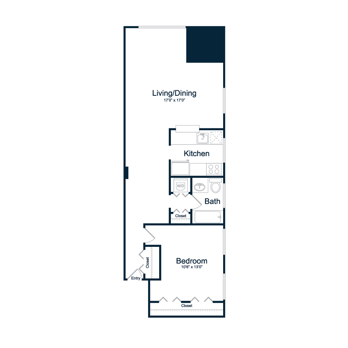 Floor plan for 1 bed, 1 bath, 730 sqft