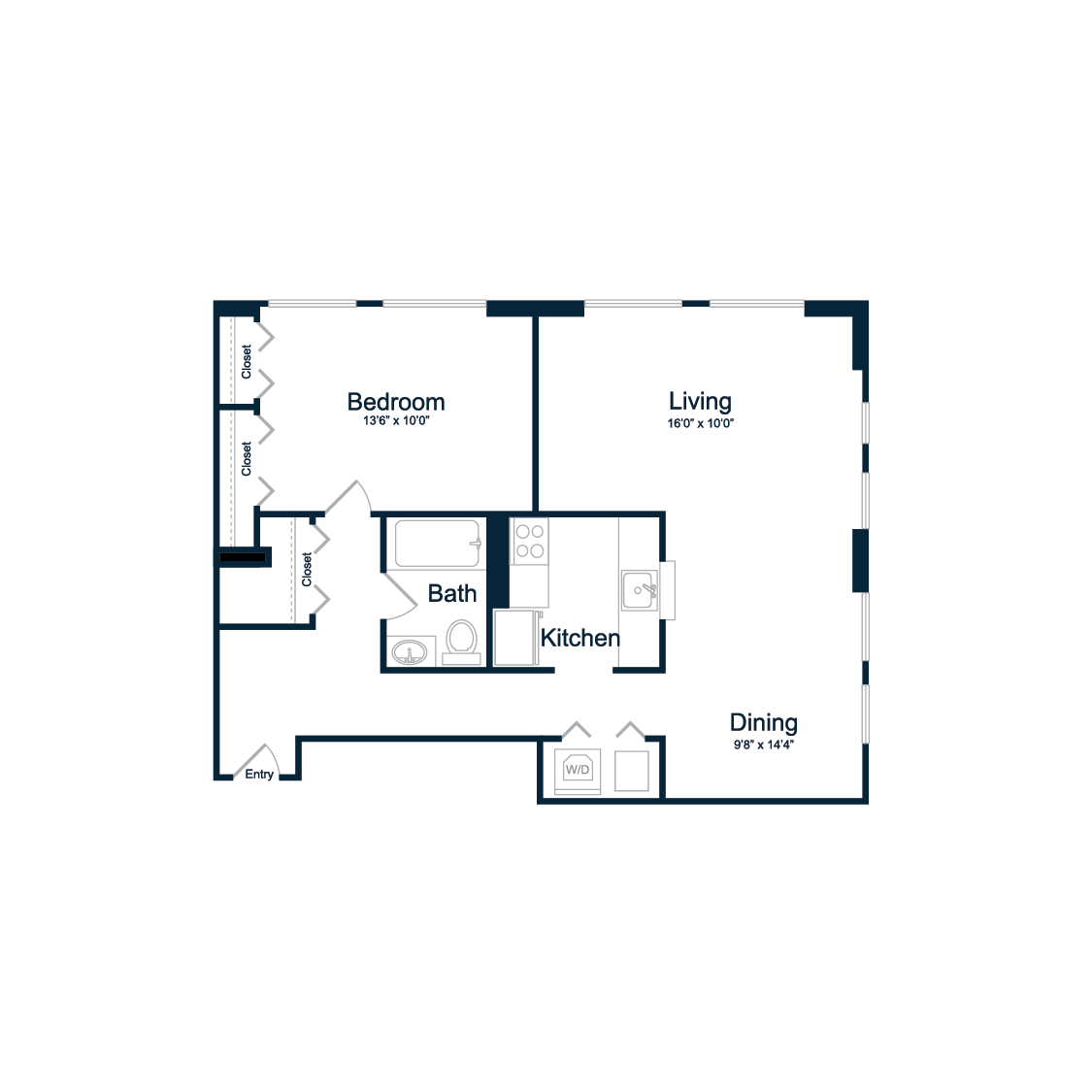 Floor plan for 1 bed, 1 bath, 775 sqft