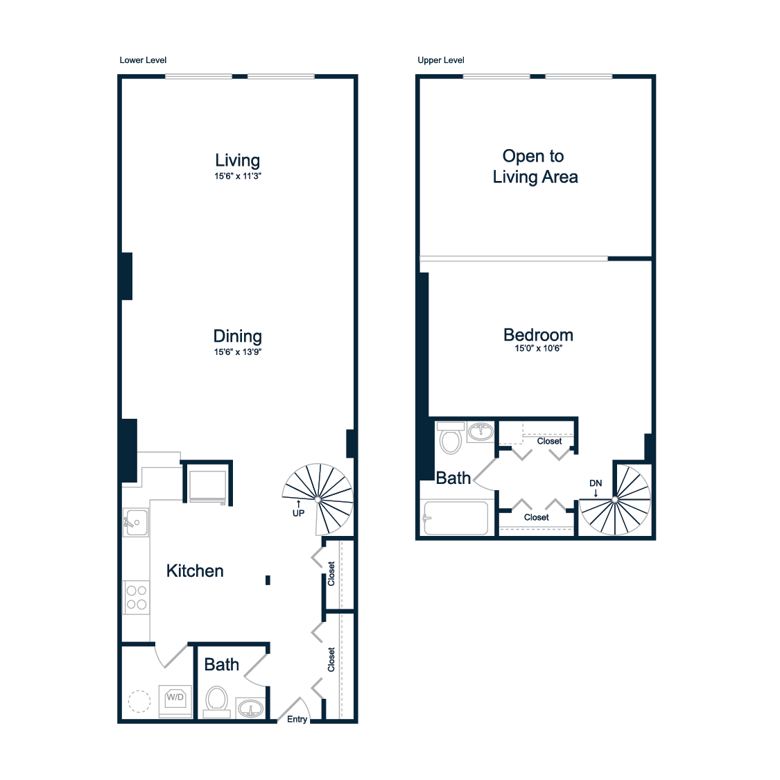 Floor plan for 1 bed, 1.5 baths, 1000 sqft