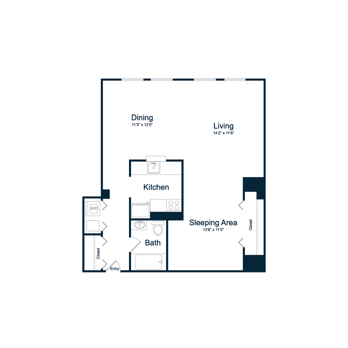 Floor plan for studio, 1 bath, 702 sqft