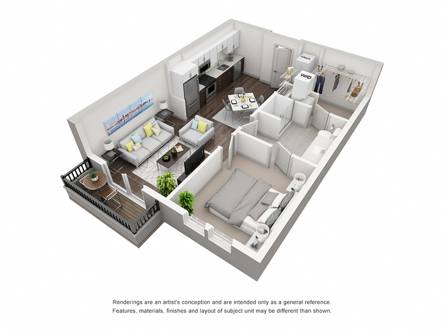 Floor plan for 1 bed, 1 bath, 657 sqft