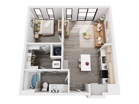 Floor plan for 1 bed, 1 bath, 673 sqft