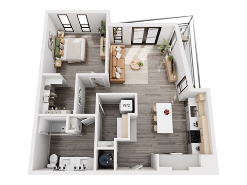 Floor plan for 1 bed, 1 bath, 897 sqft