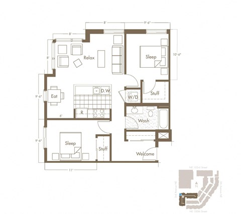 Floor plan for 2 beds, 1 bath, 841 sqft