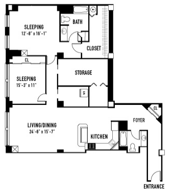 Floor plan for 2 beds, 2 baths, 1836 sqft