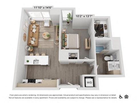 Floor plan for 1 bed, 1 bath, 690 sqft