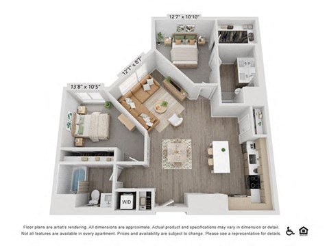 Floor plan for 2 beds, 2 baths, 1124 sqft