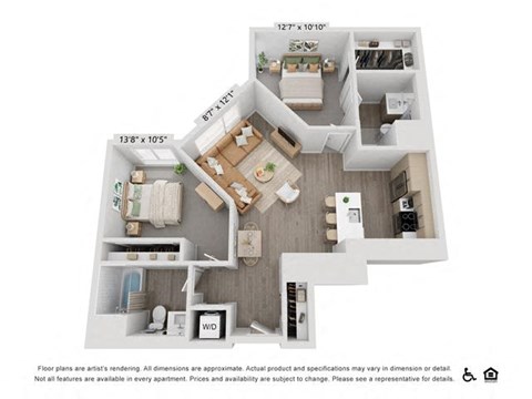 Floor plan for 2 beds, 2 baths, 1013 sqft