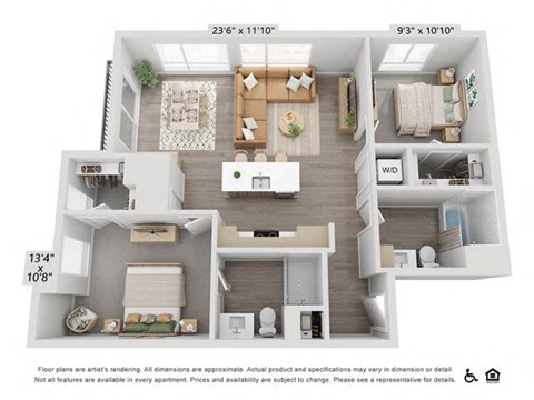 Floor plan for 2 beds, 2 baths, 1034 sqft