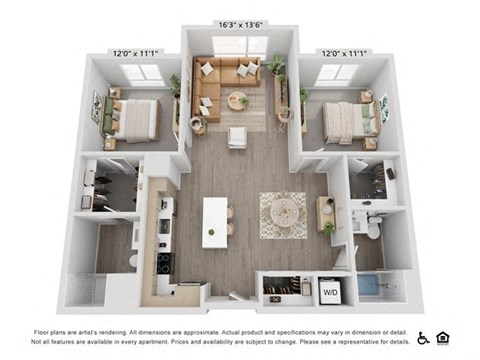 Floor plan for 2 beds, 2 baths, 1121 sqft