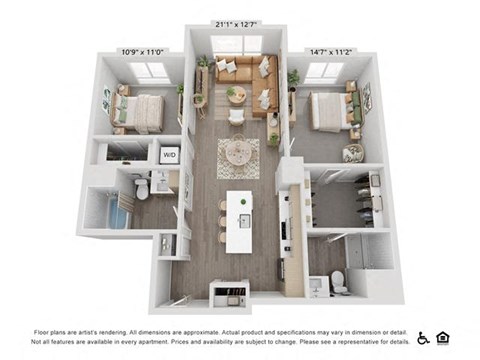 Floor plan for 2 beds, 2 baths, 1091 sqft