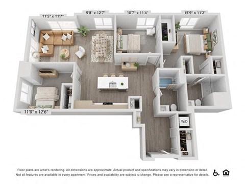 Floor plan for 3 beds, 2 baths, 1313 sqft