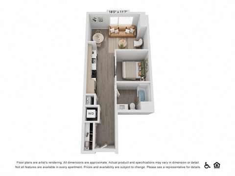 Floor plan for studio, 1 bath, 592 sqft