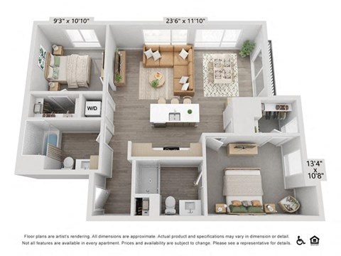 Floor plan for 2 beds, 2 baths, 1163 sqft